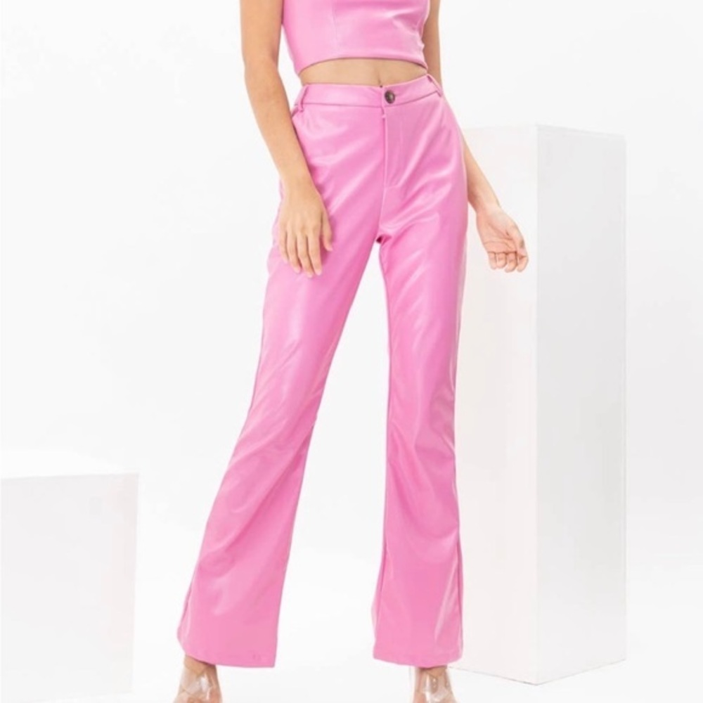 Pink Vegan Leather High-Waisted Flare Pants